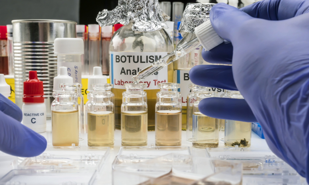Verschiedene kleine Fläschchen mit gelber Flüssigkeit. Dahinter große Glasflaschen auf denen Botulism steht